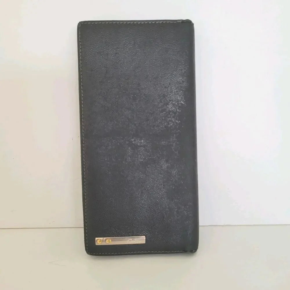 Cartier Santos Bifold Card Holder Checkbook Black Wallet Long Grain Leather
